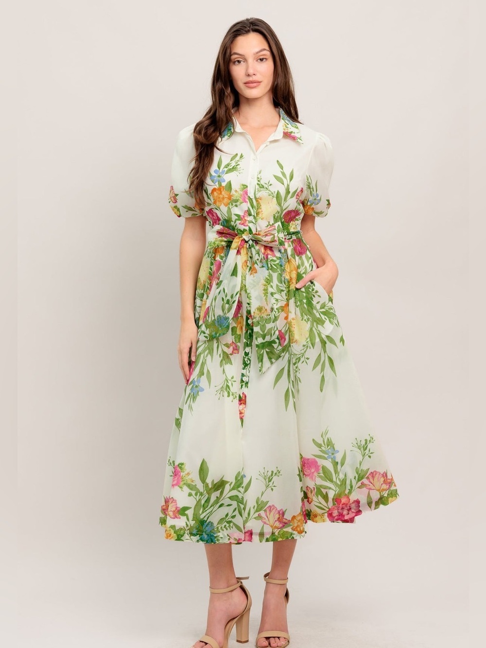 Flying Tomato Midi Floral Tie-Waist Dress in Cream and Green with Bell Sleeves - Picture 2 of 16
